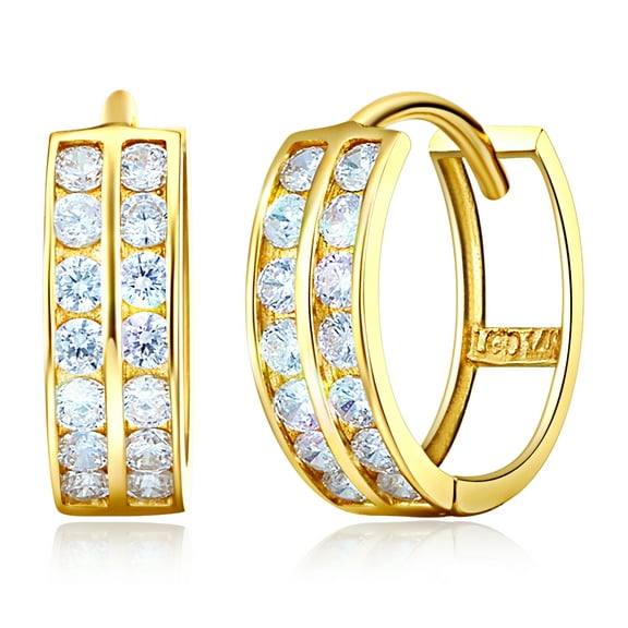 Wellingsale Ladies 14k Yellow Gold Polished 4mm 2 Line 1CZ Channel-set Hoop Huggies Earrings (12 x 12 mm)