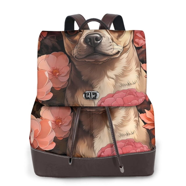 Disketp Vintage Red Flower Chihuahua Mochila de Cuero para Mujer, Bolso de Espalda Antirrobo con Estilo para Viaje, Trabajo y Uso Diario
