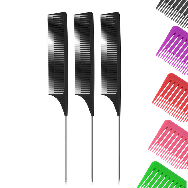 3 PCS Braiding Weaving Rat Tail Styling Bone Comb Fine Teeth Hairdressing,  Anti-Static Sectioning, Parting Pin Needle Stainless Steel Combs (Black)