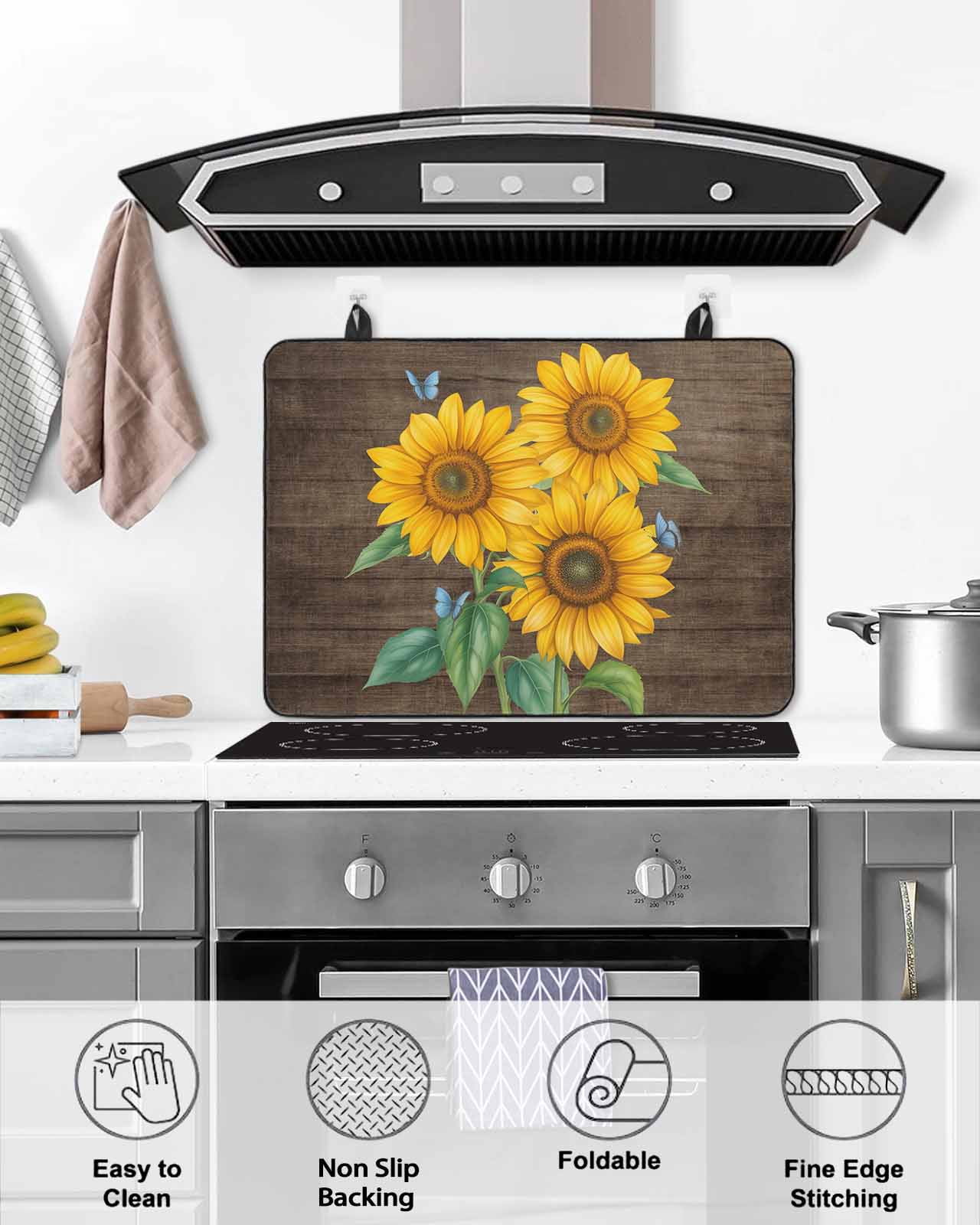 Large Induction Cooktop Protector Mat Sunflower Stove Top Covers for Electric Stove, Yellow Summer Botanical Butterfly Wooden Vintage Decorative Stove Burner Cover Mats, Glass Top Stove Cover