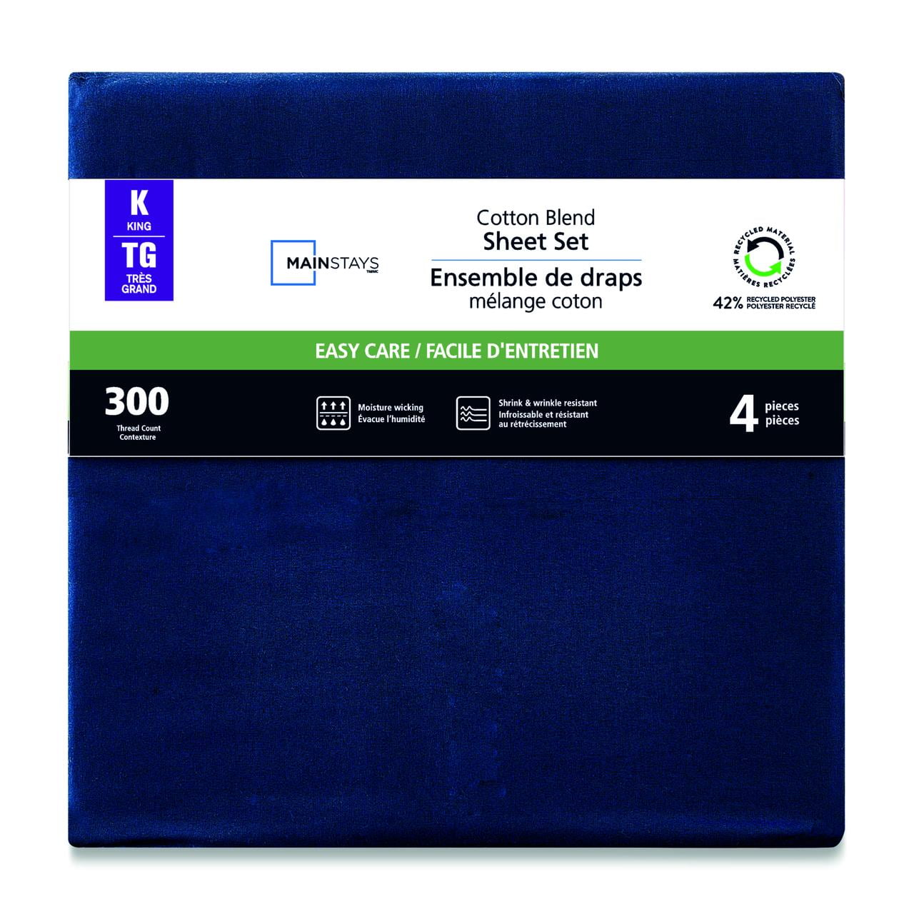 Mainstays 4-Piece 300 Thread Count Blue - CVC Cotton Blend Bed Sheet Set, King (Adult)