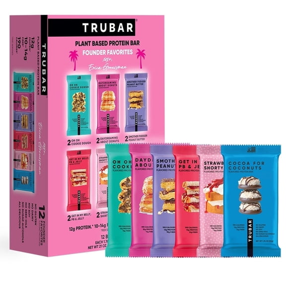 TRUBAR Protein Bar,Founder Favorites Variety Pack, Plant Based Protein, Vegan, Gluten Free, Kosher, 12 Count
