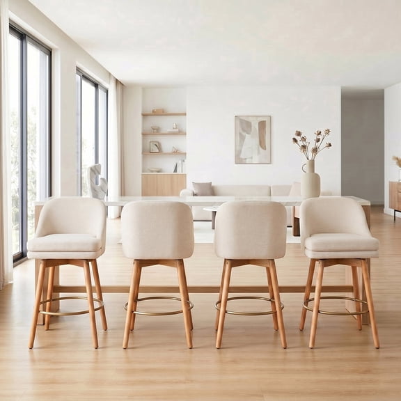 27'' Swivel Counter Heigh Bar Stools, Set of 4, Fabric Bar Stools for Kitchen Island, Modern Bar Stools with Solid Wood Legs and Curved Back,Sand
