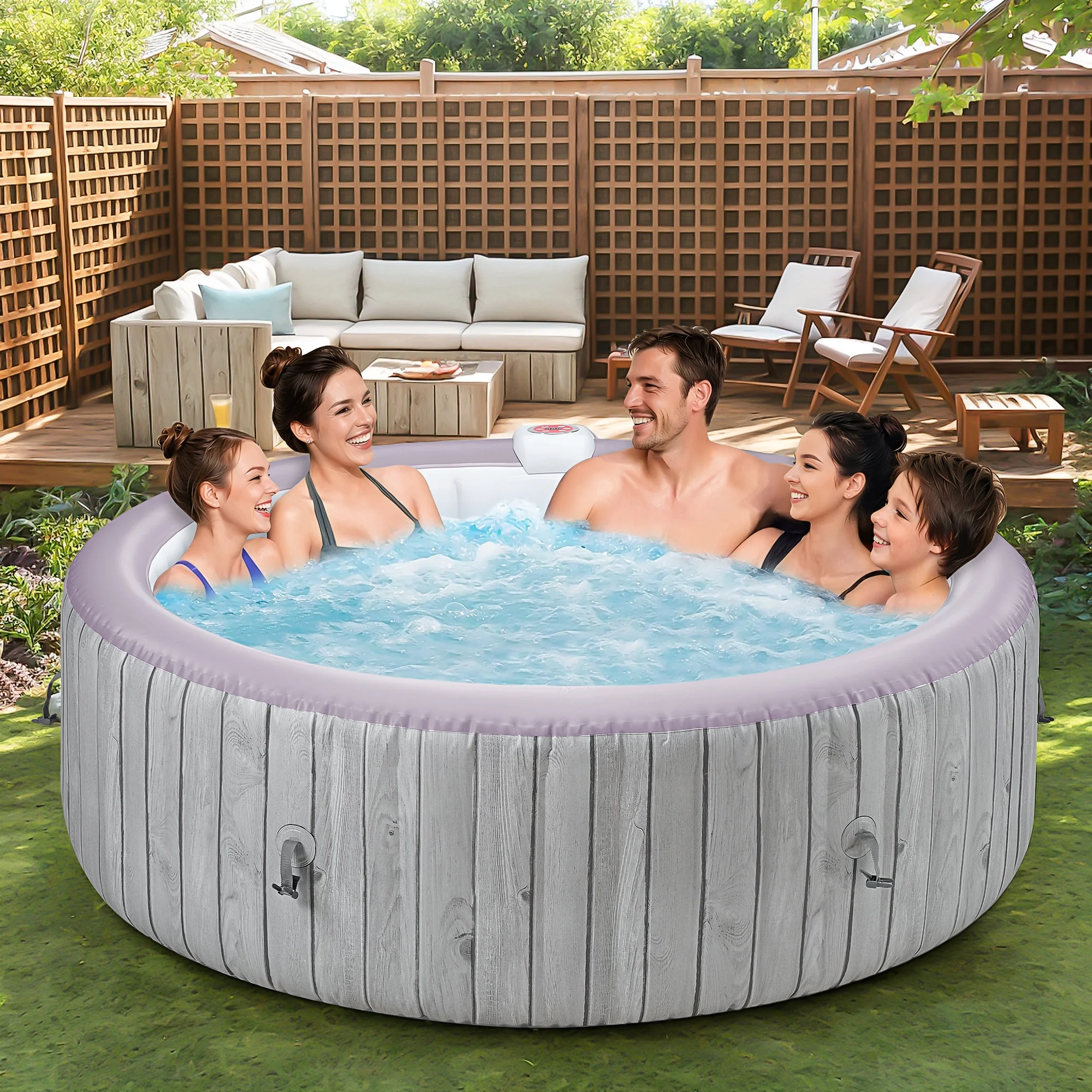 Portable Inflatable Hot Tub with Built-in Heating System - 264 Gallon Capacity, Massage Jet Home Hot Tub with Dust Cover for Teens and Adults, Wood Grain