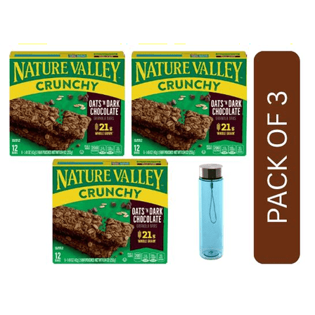 3 Pack Of  Nature Valley Crunchy, Oats 'n Dark Chocolate, 12 Granola Bars, 8.94 oz (6CT), With Blue Water Bottle By Value Nest