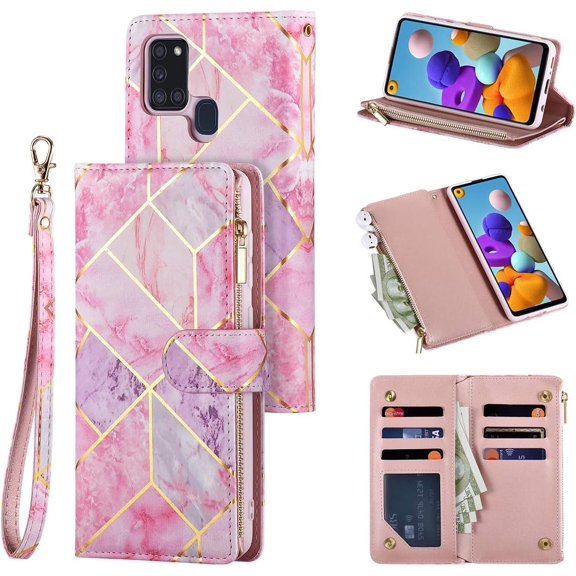 Wallet Case for Samsung Galaxy A21S, Premium Vintage PU Leather Magnetic Closure Geometric Handbag Zipper Pocket Case Kickstand Card Holder Slots TPU Shockproof Flip Cover - Pink&Purple