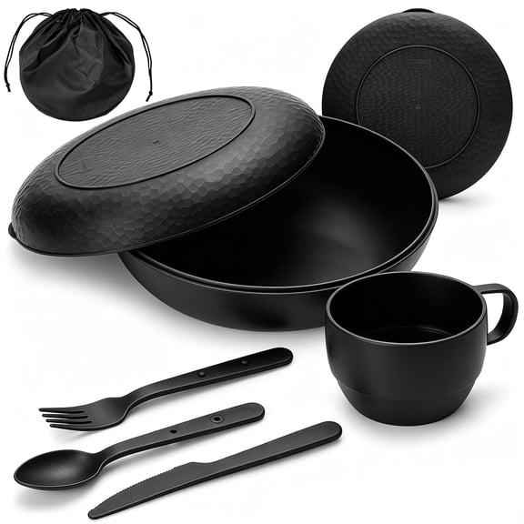 ReaNea Portable Camping Tableware Set, Plastic Mess Kit with Lidded Bowl, Dinner Plate, Mug, Stainless Steel Knife Fork Spoon & Storage Pouch, Lightweight Outdoor Dining Gear for Picnic, Travel, Hiki