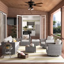 XIZZI 9PCS Patio Furniture Set Modern Cushioned Conversation Set Rattan Wicker Sofa with Corner Table Swivel Rocking Chair,Beige Stripe