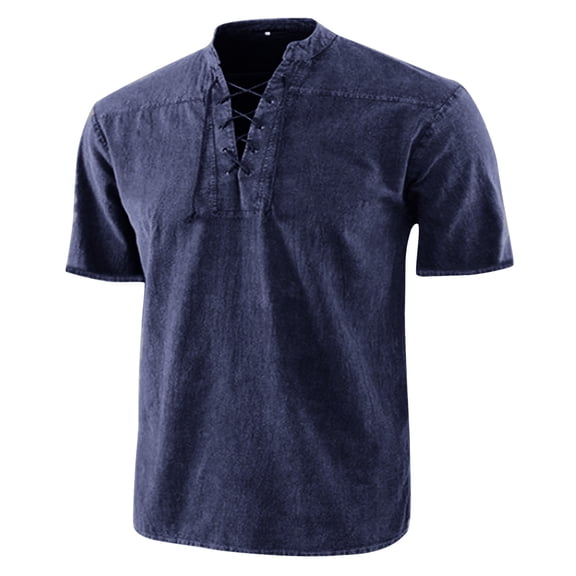 Kalauyu Mens Renaissance Costume Beach Shirts Short Sleeve Lace-up Viking Pirate T-Shirts V Neck Hippie Yoga Tops