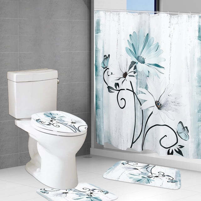 Dznils Rústico Granja Shower Curtain y Alfombra Set, 16 Pzas Juego de Baño Floral Margarita Verde Azulado, 72 x 72