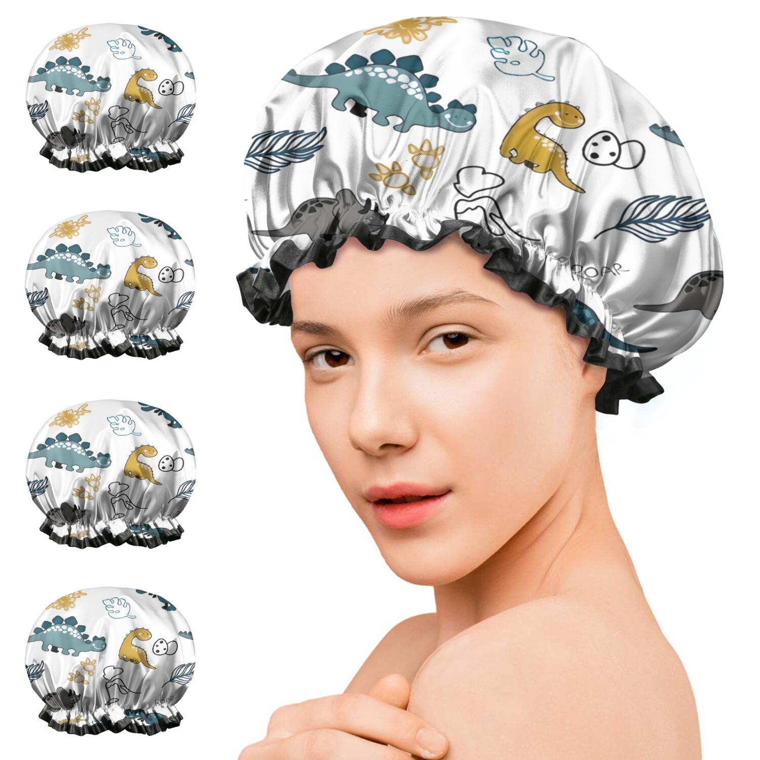 Shower Caps,Colorful Dinosaurs Eggs Leaves Pattern Waterproof Shower Cap for Women 4 Pieces,Double Reusable Hair Cover for Shower PEVA Elastic Stretch Hem