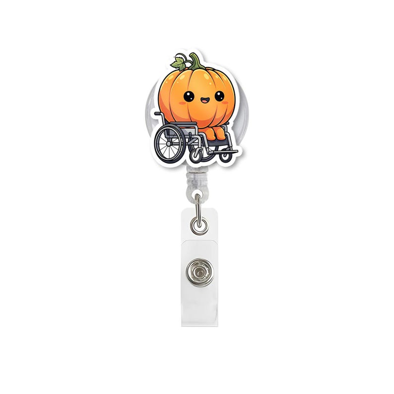 TiniDecor Cute Pumpkin Wheelchair Badge Reel, Retractable ID Holder, Fall Nurse Gift