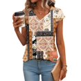thumbnail image 4 of Women’s Boho Print V Neck Short Sleeve Top, Relaxed Fit Casual Vacation Blouse with Stylish Printed Design, Beige, S, 4 of 6
