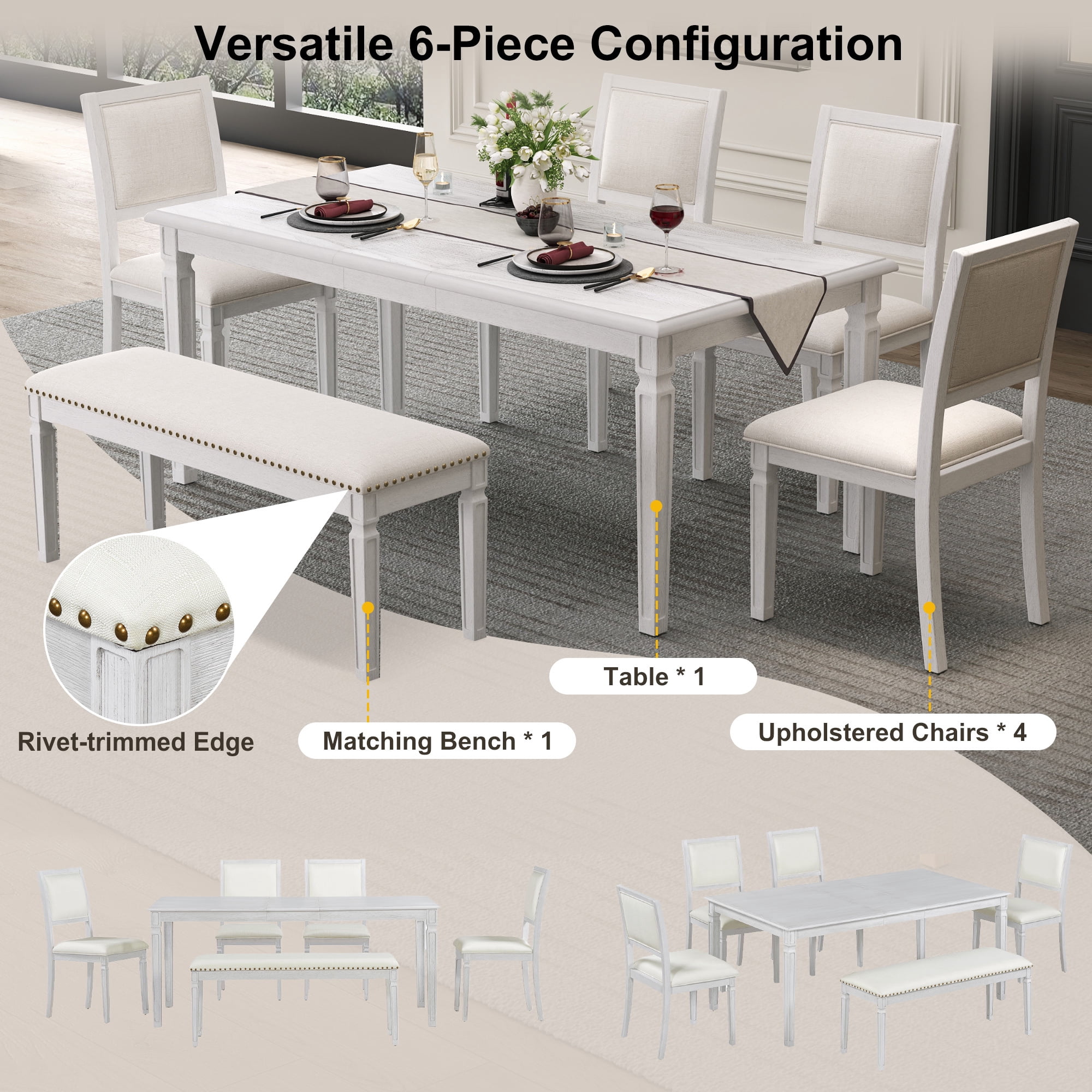 Euroco Farmhouse 6-Piece Dining Table Set for 6, 72" Extendable Kitchen Table with 4 Upholstered Chairs,1 Bench & Carved Legs, Wood Dining Set for Kitchen Living Room,White