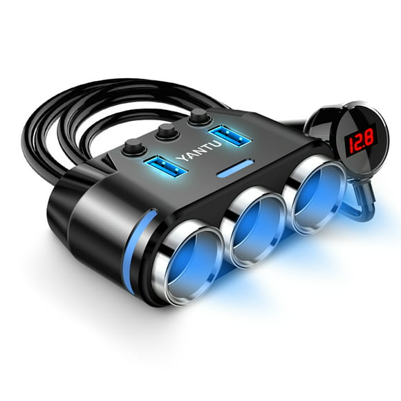 YANTU Cigarette Lighter Adapter, 3 Socket 12V Cigarette Lighter Splitter with LED Voltage Display, Dual USB Car Charger