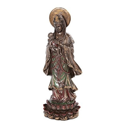 Child Bronze Figurine - 10.25 Inch Kwan Yin with Child Hindu Bronze Finish Statue Figurine