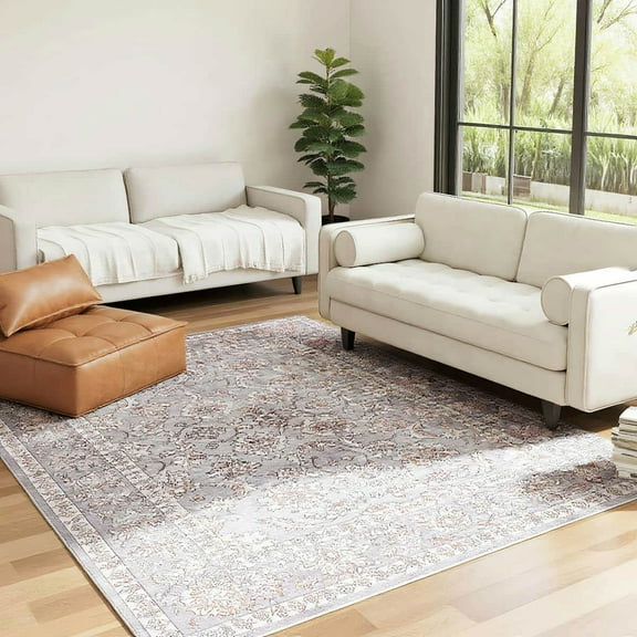 Spaco 8x10FT Machine Washable Area Rug, Non-Slip Traditional Flower Print Floor Carpet for Living Room, Bedroom, Grey and Brown