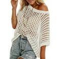 thumbnail image 2 of Womens Crochet Sweater Tops Batwing Short Sleeve Oversized Boat Neck Boho Knit Summer Beach Cover Ups, 2 of 7