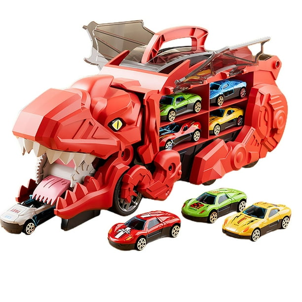 Camión transportador de dinosaurios con 8 autos pequeños, duradero y novedoso con asa portátil rojo