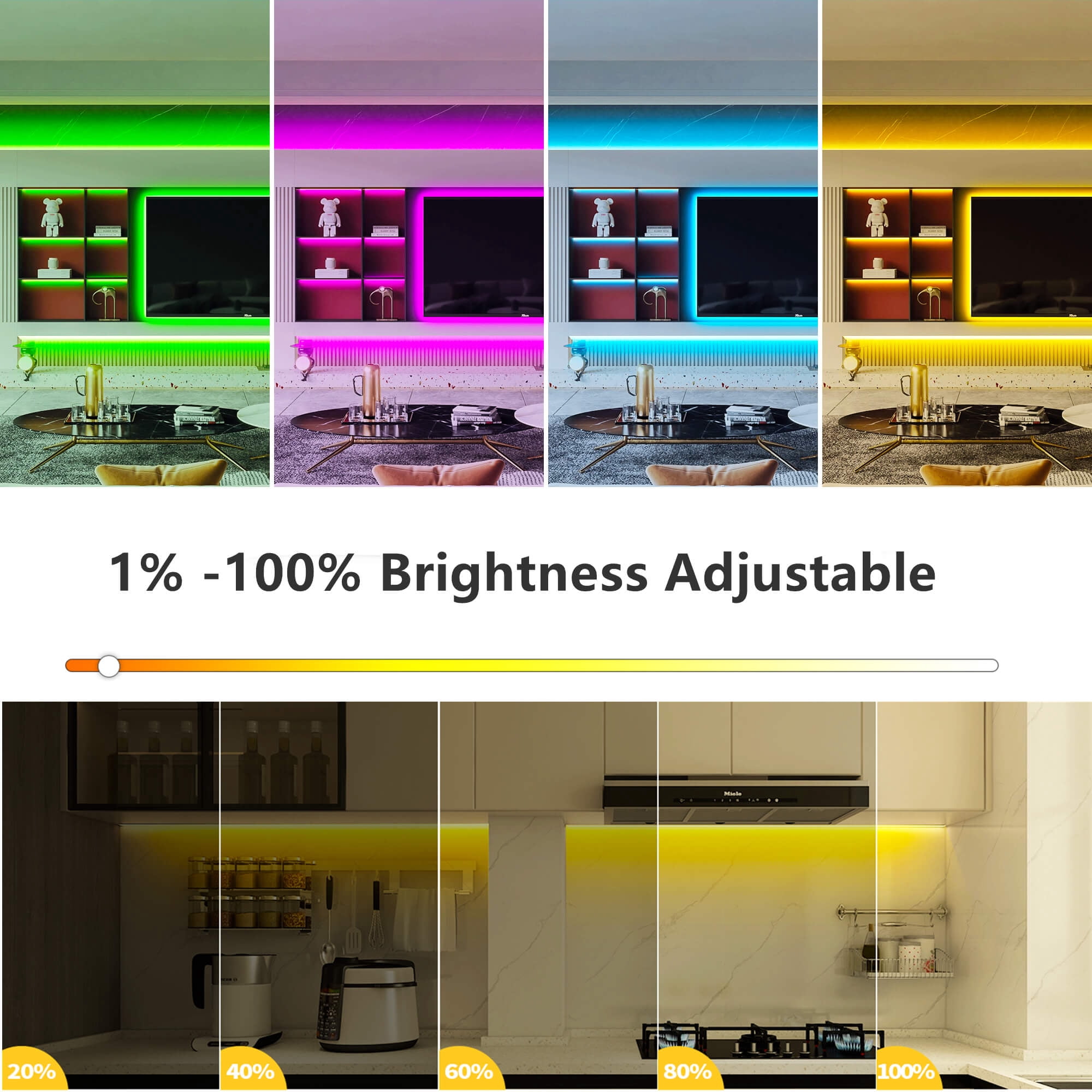 GIDEALED 32.8ft COB LED Strip Light 24V Kit,Color Changing COB RGB LED Strip Light Dimmable,Flexible LED COB Light Strip with IR Remote &Bluetooth APP Control,FCOB LED Light for Bedroom Decoration