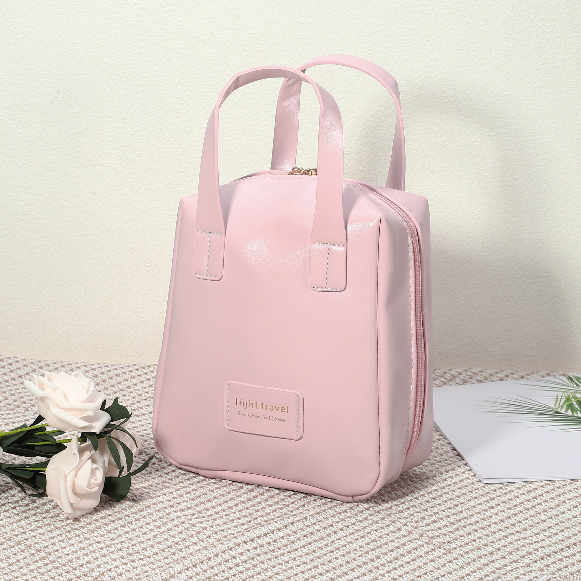 Unique Bargains Portable Makeup Bag Large Capacity Travel Makeup Pouch with Handle Pink