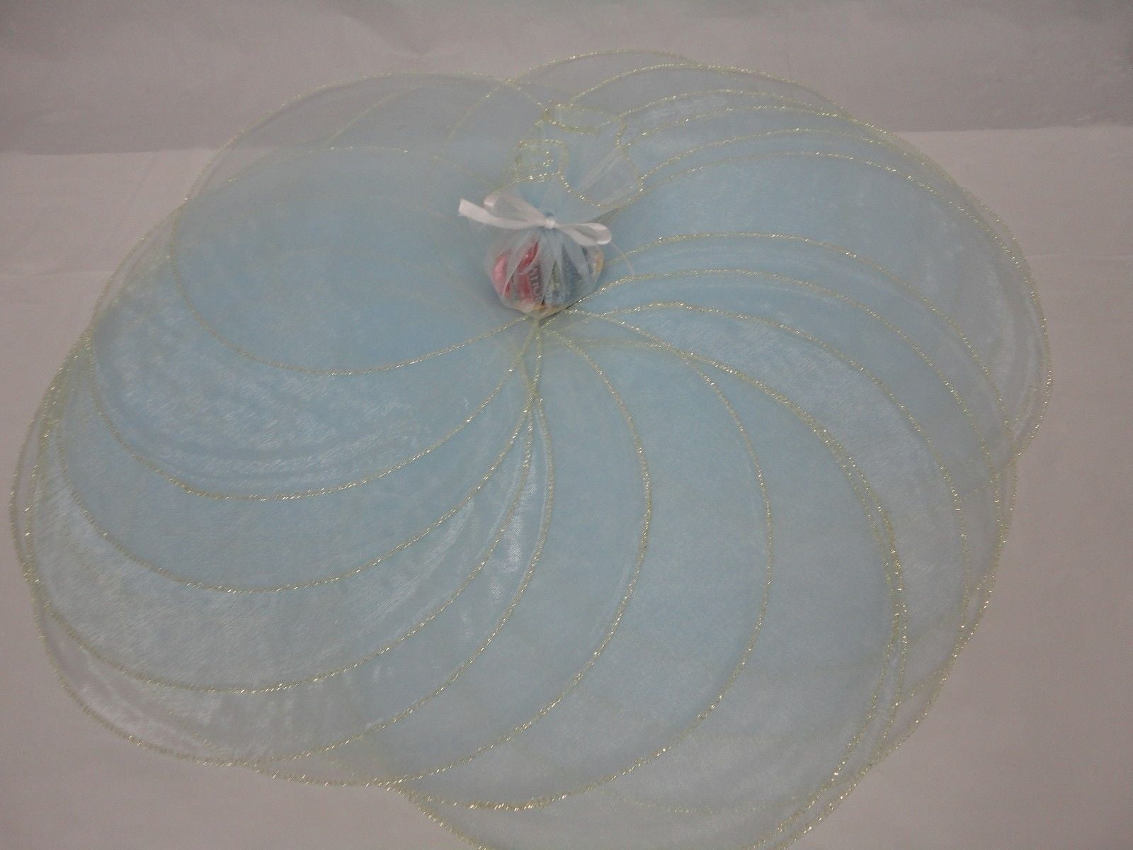 CHARMED 100 PIECES 9' ORGANZA CIRCLE TULLE. LIGHT BLUE WITH GOLD COLOR EDGE