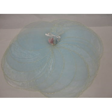 CHARMED 100 PIECES 9" ORGANZA CIRCLE TULLE. LIGHT BLUE WITH GOLD COLOR EDGE.