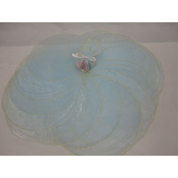 CHARMED 100 PIECES 9" ORGANZA CIRCLE TULLE. LIGHT BLUE WITH GOLD COLOR EDGE.