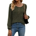 thumbnail image 3 of HUBERY Women Ribbed Button Crewneck Long Sleeve Solid Color Top, 3 of 7