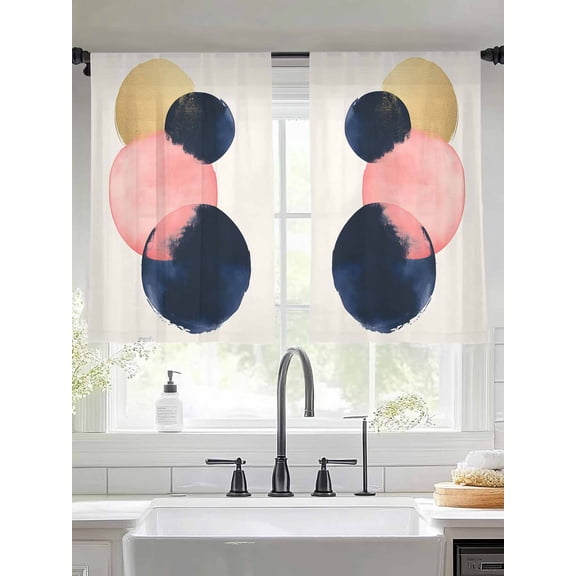 Pink Navy Blue Abstract Art Sheer Curtains for Living Room Bedroom Modern Geometric Luxury Sheer Curtains 45 Inch Long 2 Panels Set Light Filtering Curtain Window Treatments Drapes for Dining Room