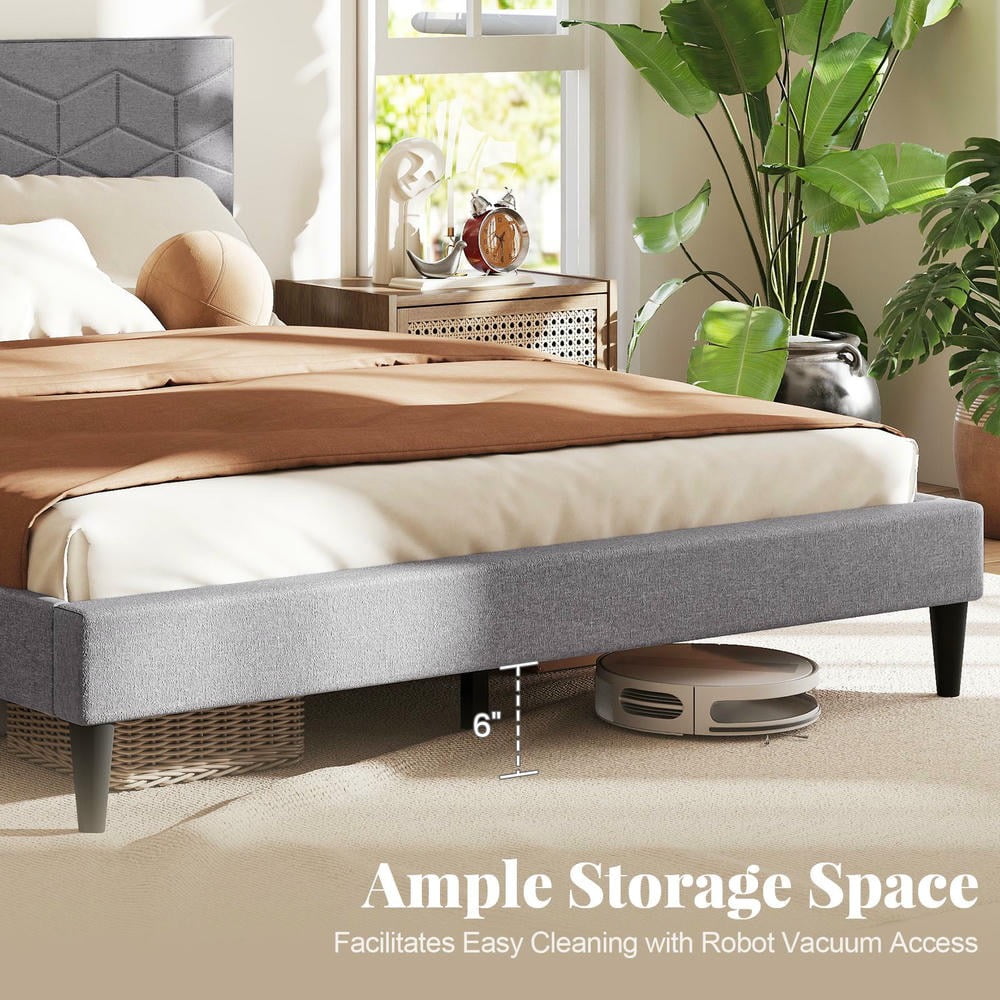 GVN Queen Size Sturdy Bed Frame with Linen Fabric Upholstered Headboard, Bedroom Platform Bed Frame for Apartment, Bedroom, Gray