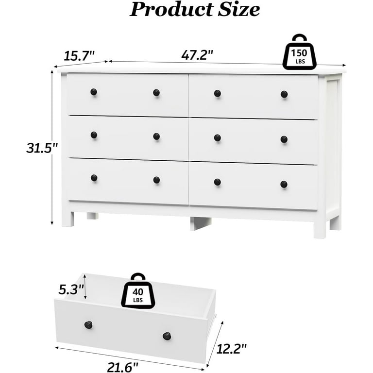 White Dresser, Modern 6 Drawer Double Dresser for Bedroom with Black Knobs, Adults & Kids Wide Dressers & Chests of Drawers for Hallway, Entryway