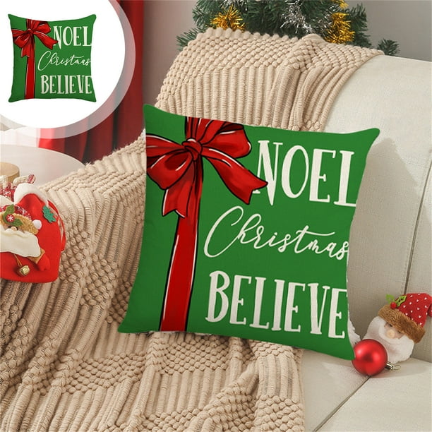 Christmas Pillow Cover Snowflake Letter Bow Throw Pillow Cover Home Pillowcase Size 17.7 X17.7 Inches