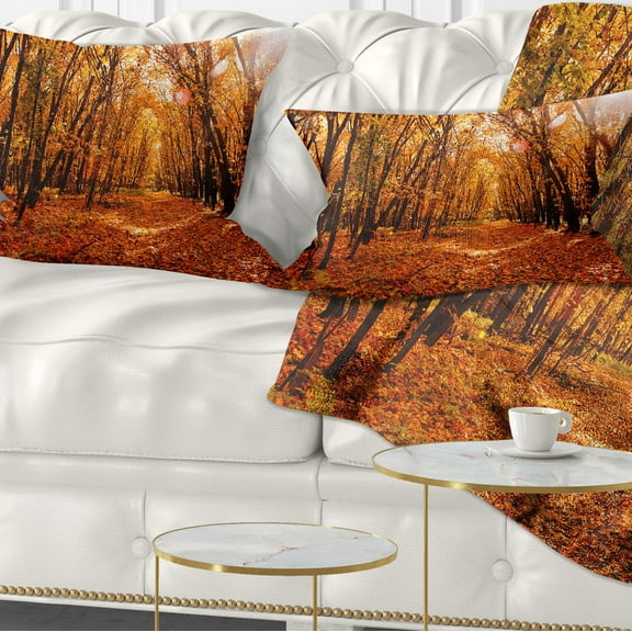 Designart Yellow Falling Leaves in Forest - Landscape Photo Throw Pillow - 12x20