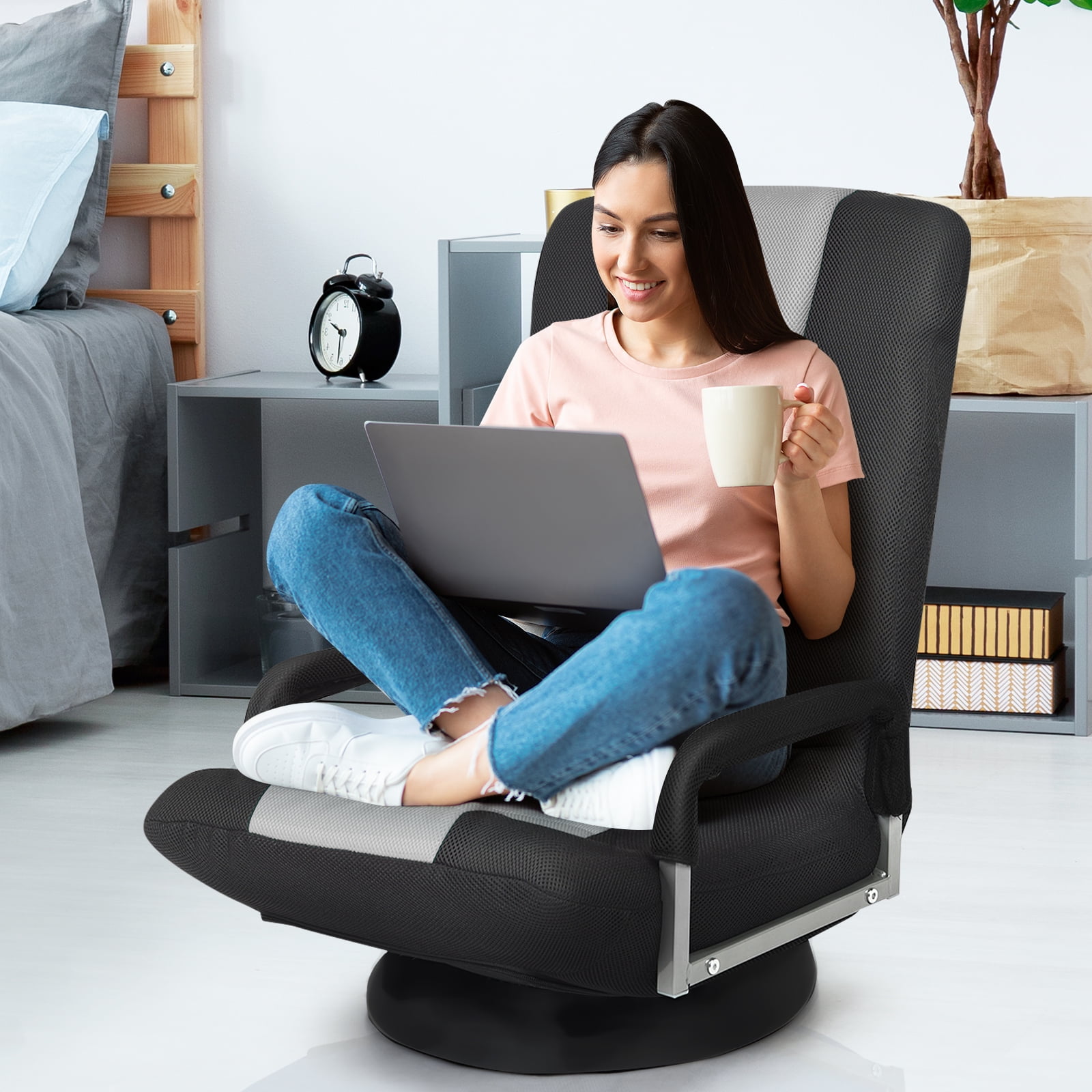 Giantex Reclining Folding Gaming Chair Video Gaming Rocker w 5 Position Adjustable Backrest 360 Degree Swivel Round Base Padded Lazy Sofa Chair