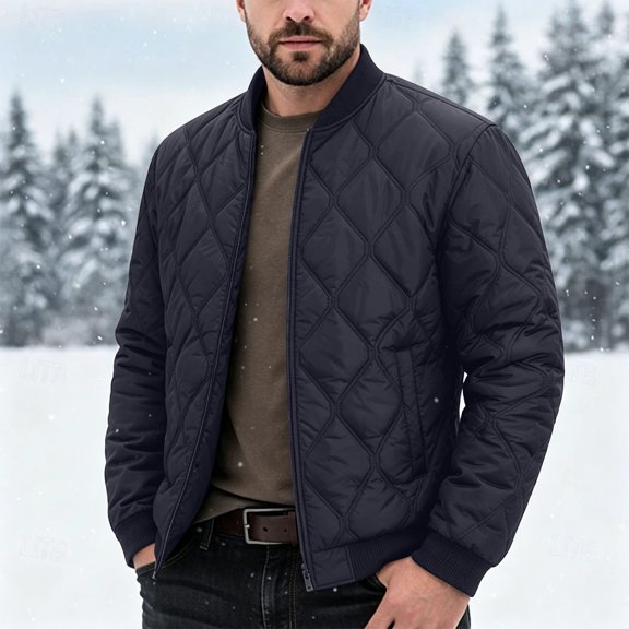 Mens Winter Coats Full Zipper Long Sleeve Solid Color Fashion Casual Warm Outdoor Jacket with Pocket Dark Blue M