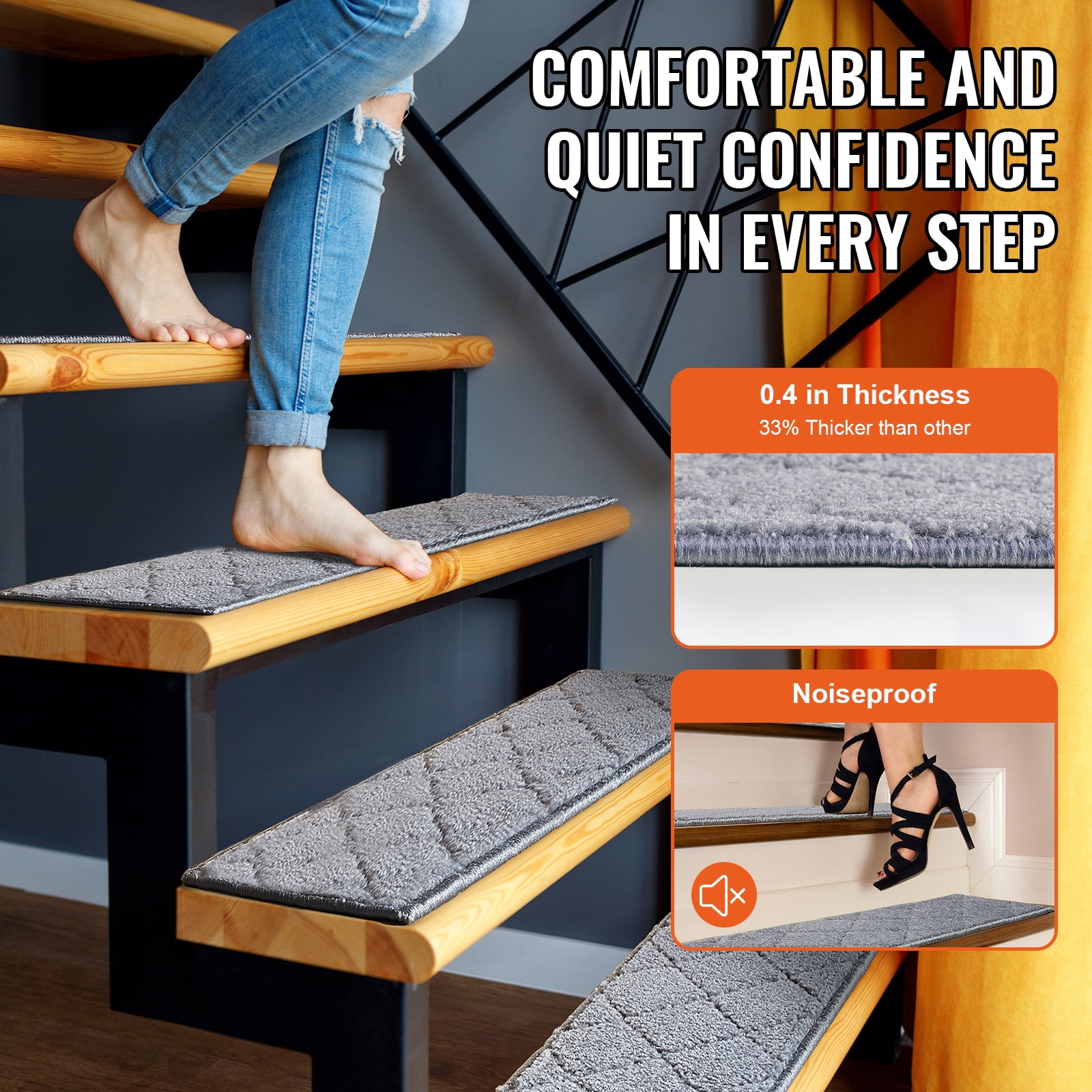 VEVOR Stair Treads 9" x 28" Stairs Carpet Non Slip 15 pcs Indoor Stair Runner for Wooden Steps, Anti Slip Carpet Soft Edging Stair Rugs Mats for Kids Elders and Dogs, Gray