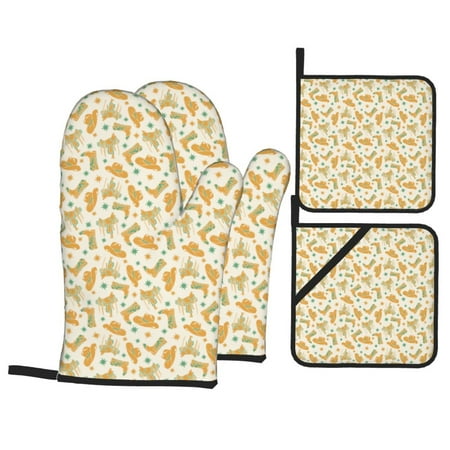

Oven Mitts and Pot Holders 4 pcs Set Cowgirl Boots cute Heat Resistant Pot Holders Oven Mitts for kitchen Non-Slip Hanging Loop Oven Glove Potholders for Baking Cooking