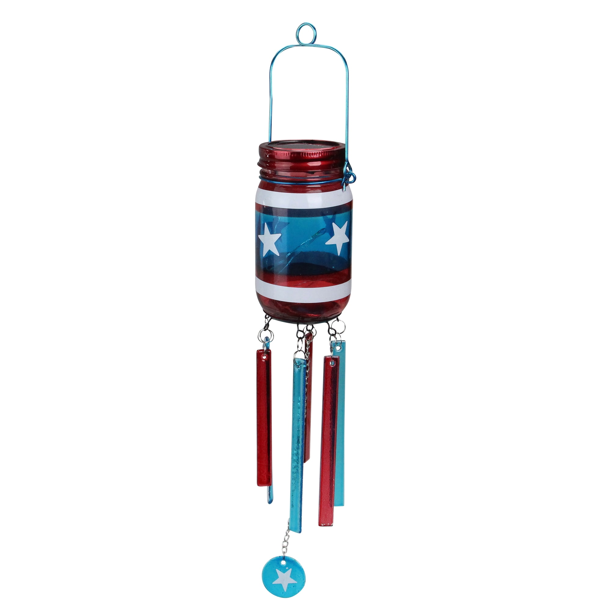 20" Solar Powered LED Red, White and Blue Patriotic Mason Jar Wind