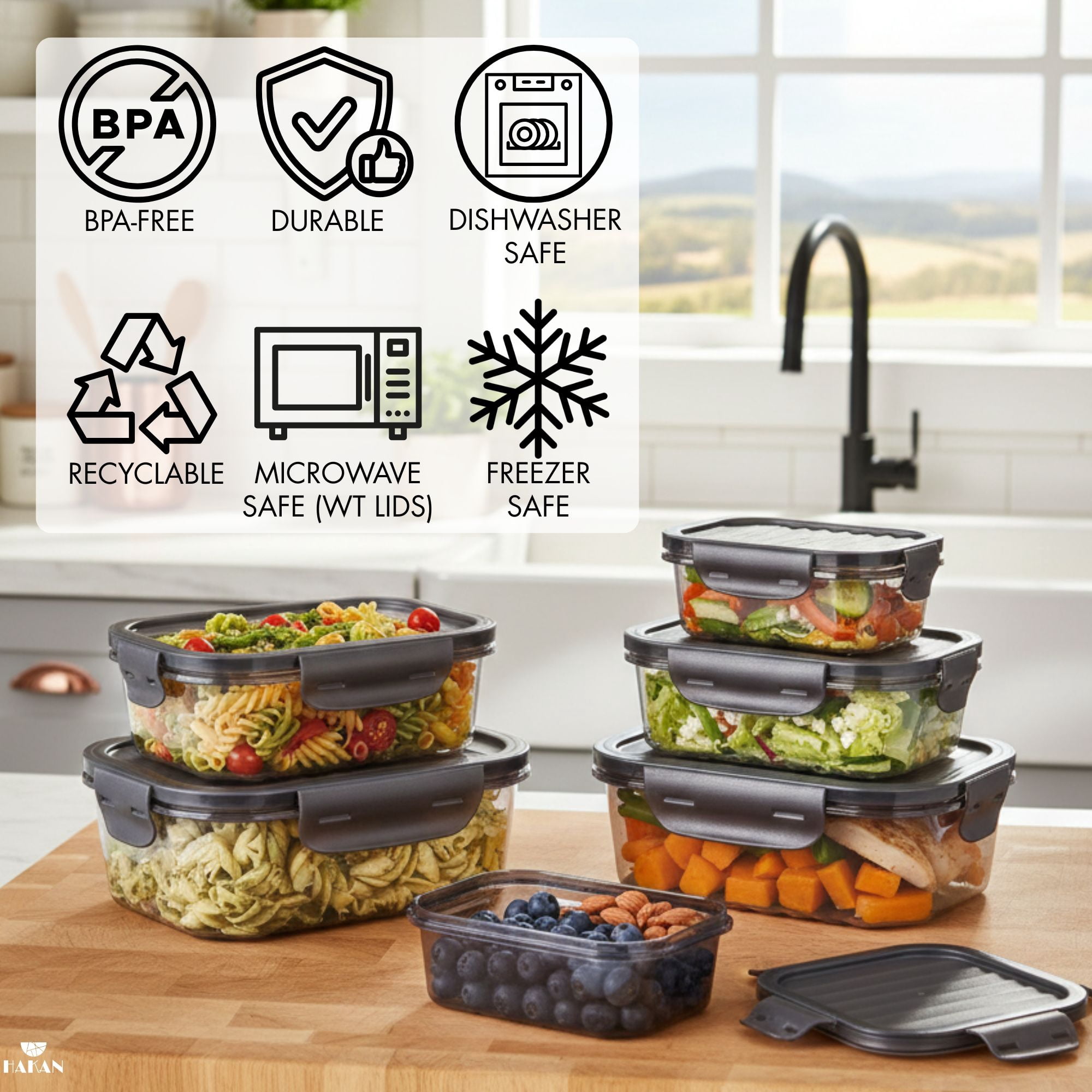 6-Pack Food Storage Containers, Airtight Locking Lids, Stackable Leakproof Prep Boxes, Clear Black
