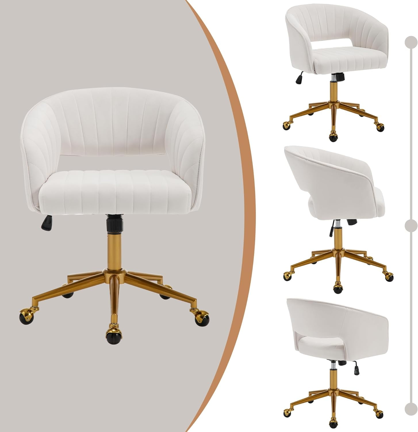 Westice Home Office Desk Chairs, Velvet Task Chair, Height Adjustable Swivel Vanity Chair with Golden Base for Vanity Study, Living Room Computer Room, Beige