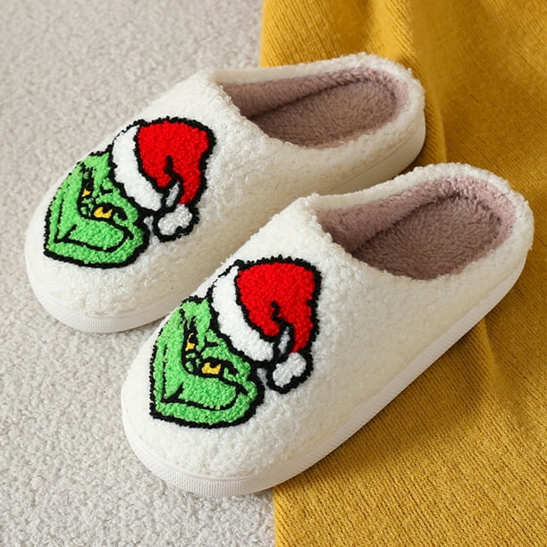 Para zapatillas de peluche de Grinch, zapatillas térmicas planas cómodas zapatillas para el hogar esponjosas para el monstruo verdes peludos para dormitorio interior