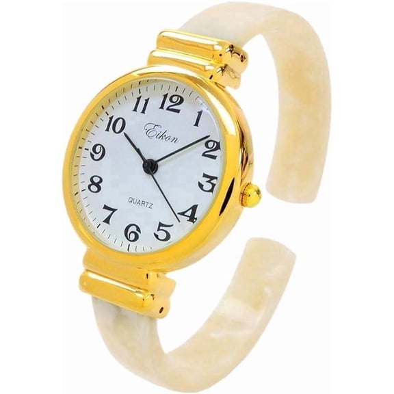 Blekon STC Women's Bracelet Watch, White Pearlescent Gold Cuff Bangle Watch, 30mm Analog Quartz Watch, Acrylic Bracelet, Easy-to-Read Dress Wrist Watch