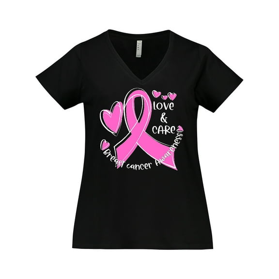 Inktastic Love, Care, Cure Breast Cancer Awareness Pink Ribbon Women's Plus Size V-Neck T-Shirt