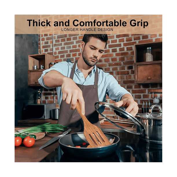 Lot De 10 Ustensiles De Cuisine En Bois De Teck Avec Support - Cuillères Et Spatules Naturelles