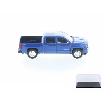 Diecast Car & Display Case Package - 2017 Chevy Silverado 1500 LT Z71 Crew Cab Pick-Up Truck, Blue - Motor Max 79348/16D - 1/24 Scale Diecast Model Toy Car w/Display