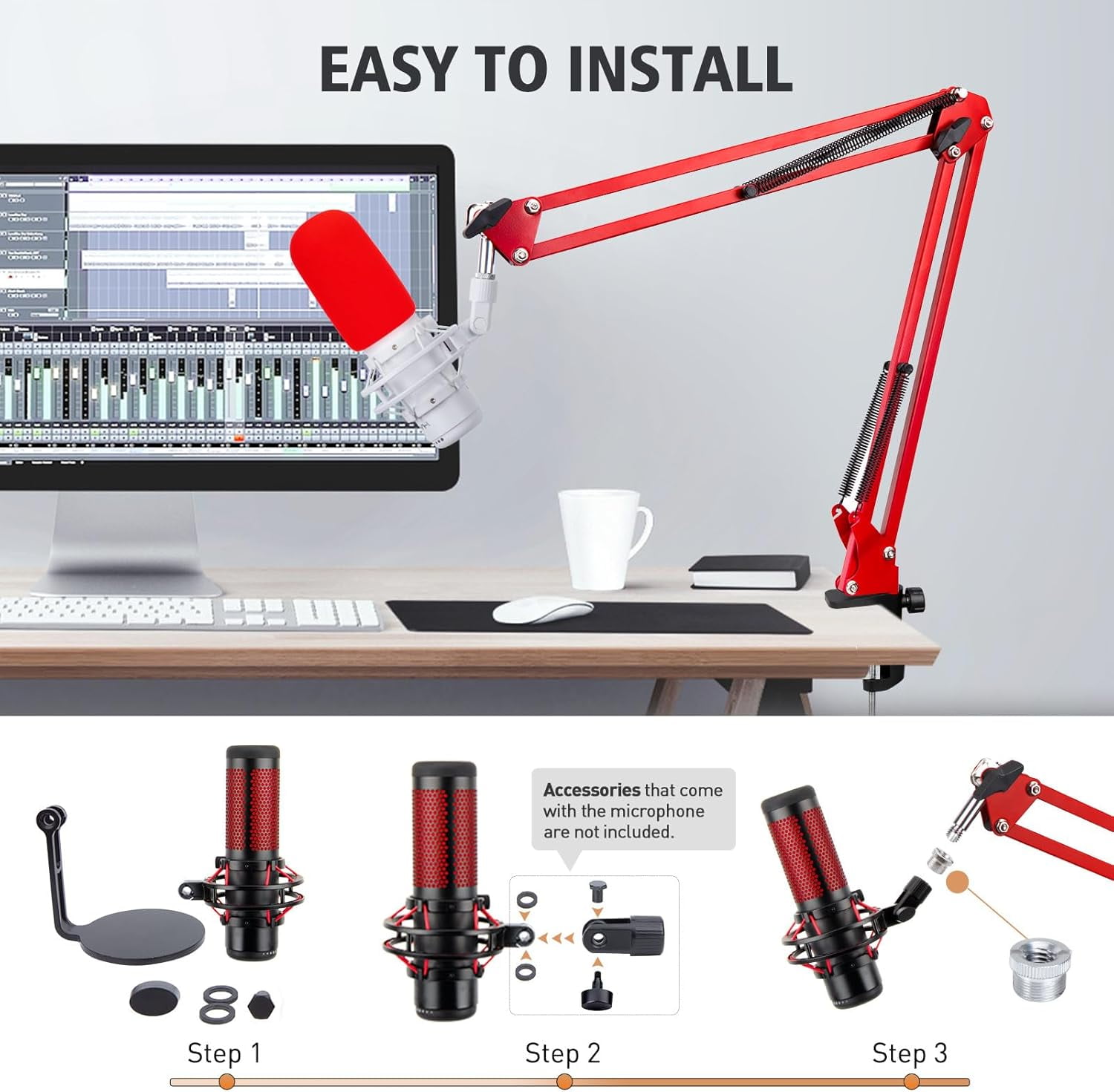 SUNMON QuadCast Microphone Stand - Red Boom Arm for Hyper x QuadCast with Red Quad Cast Pop Filter, Sound Insulation and Noise Reduction, Gaming Microphone Arm with 3/8" to 5/8" Adapter