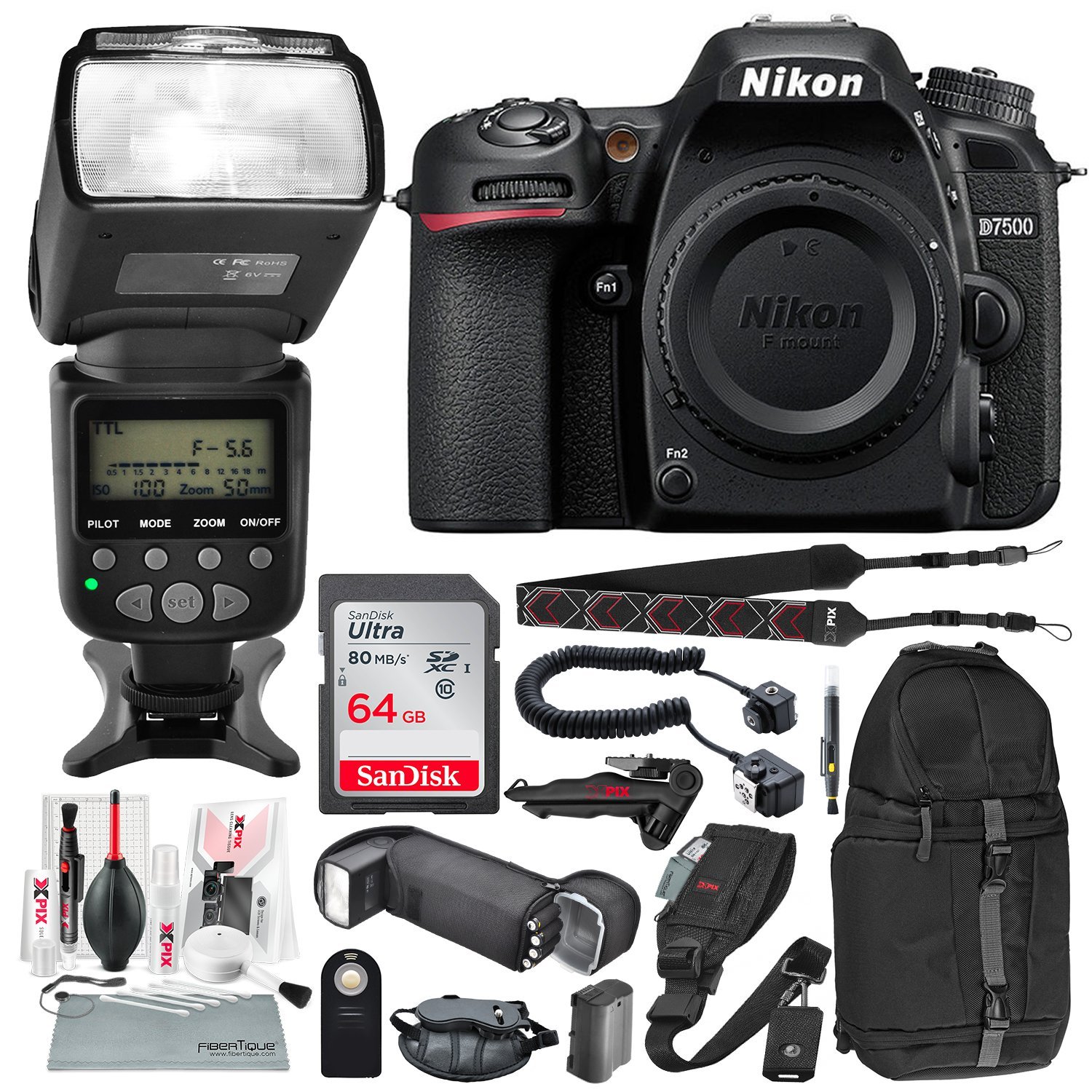 Nikon D7500 DSLR Camera (Body Only) and AF Power Zoom Flash Bundle with
