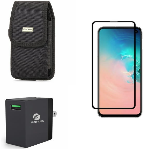 Galaxy S10e Screen Protector w Case Belt Clip w Fast Home Charger - Tempered Glass 5D Curved Edge, Rugged Holster Canvas, 18W USB Quick Charge Port for Samsung Galaxy S10e Phone