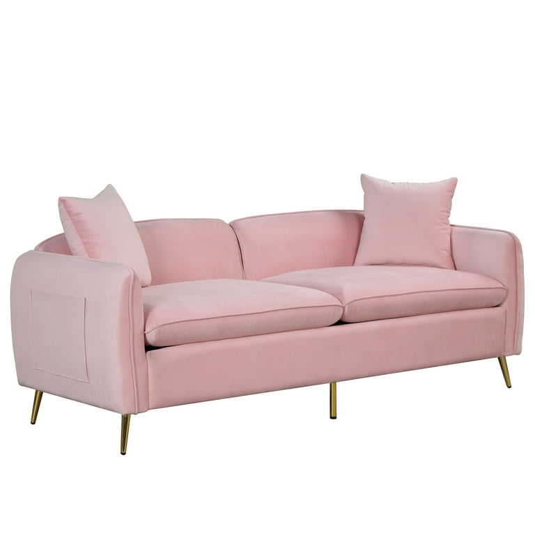 Clearance Velvet Upholstered Sofa with Armrest Pockets 3 Seat Couch with 2 Pillows and Golden Metal Legs for Living Room Apartment Home Office Pink